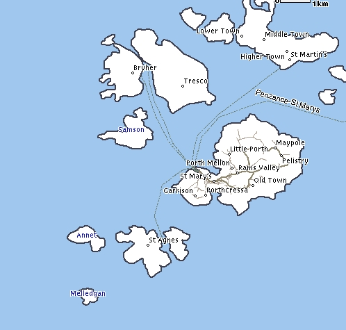 Land/See-Karte der Scilly Inseln